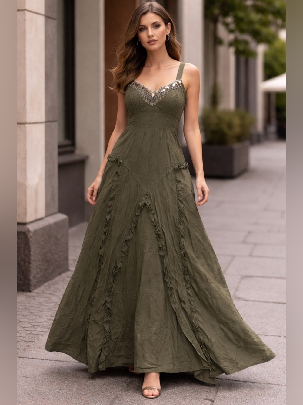 Together Olive Green Maxi Dress beaded milkmaid